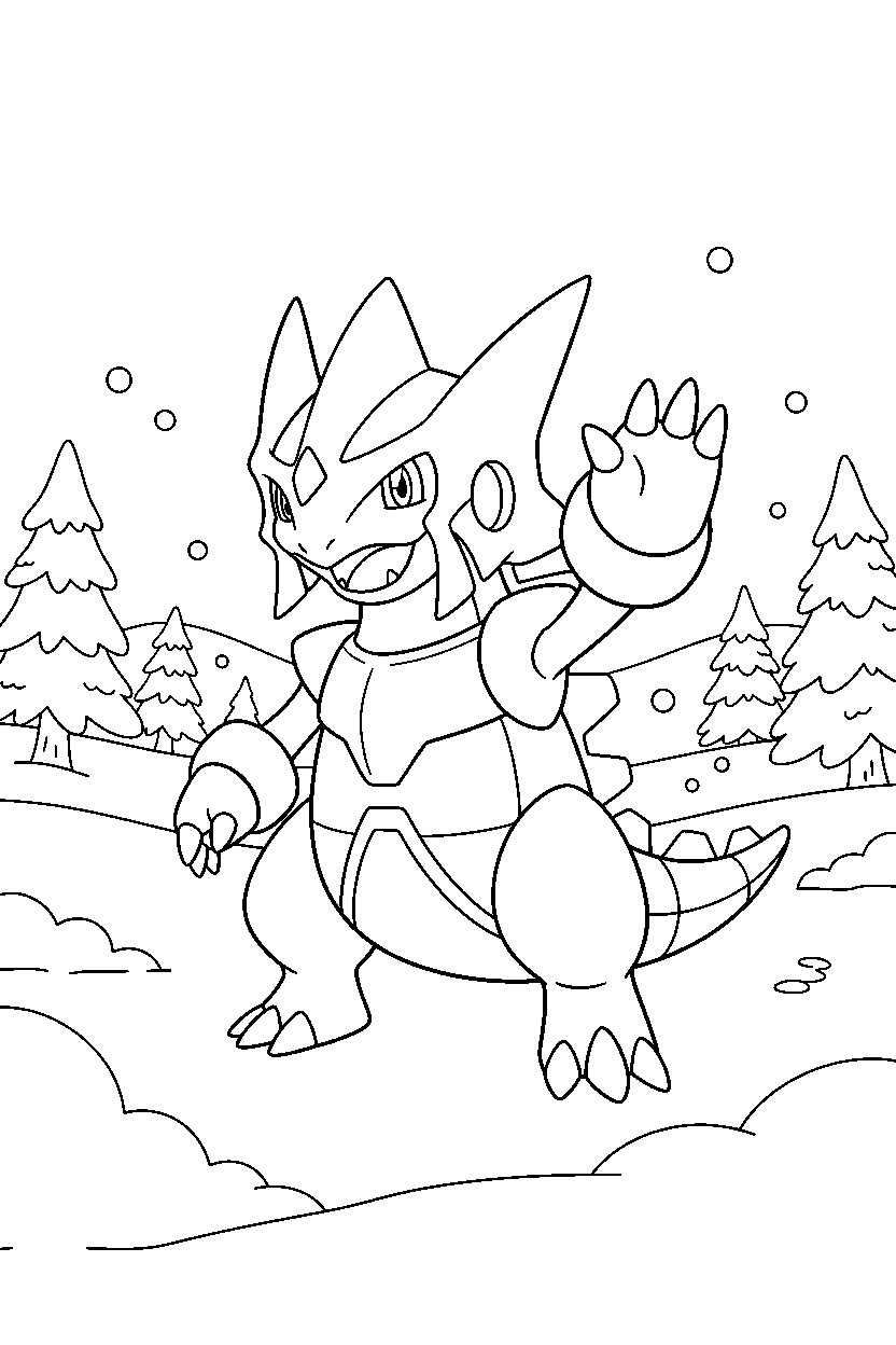 dialga pokemon waving happily in a snowy field line art