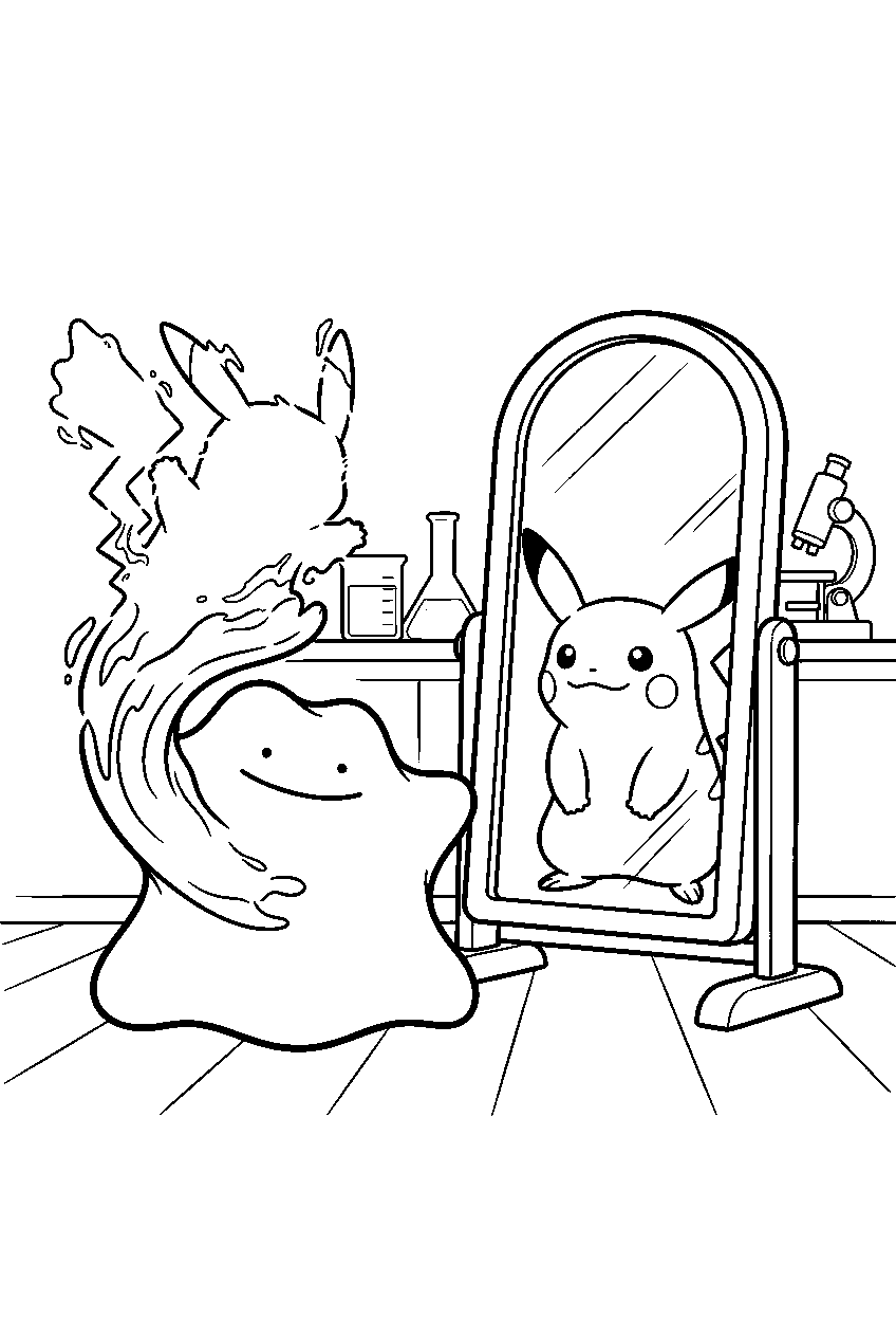 ditto transforming beside a mirror in a research lab line art