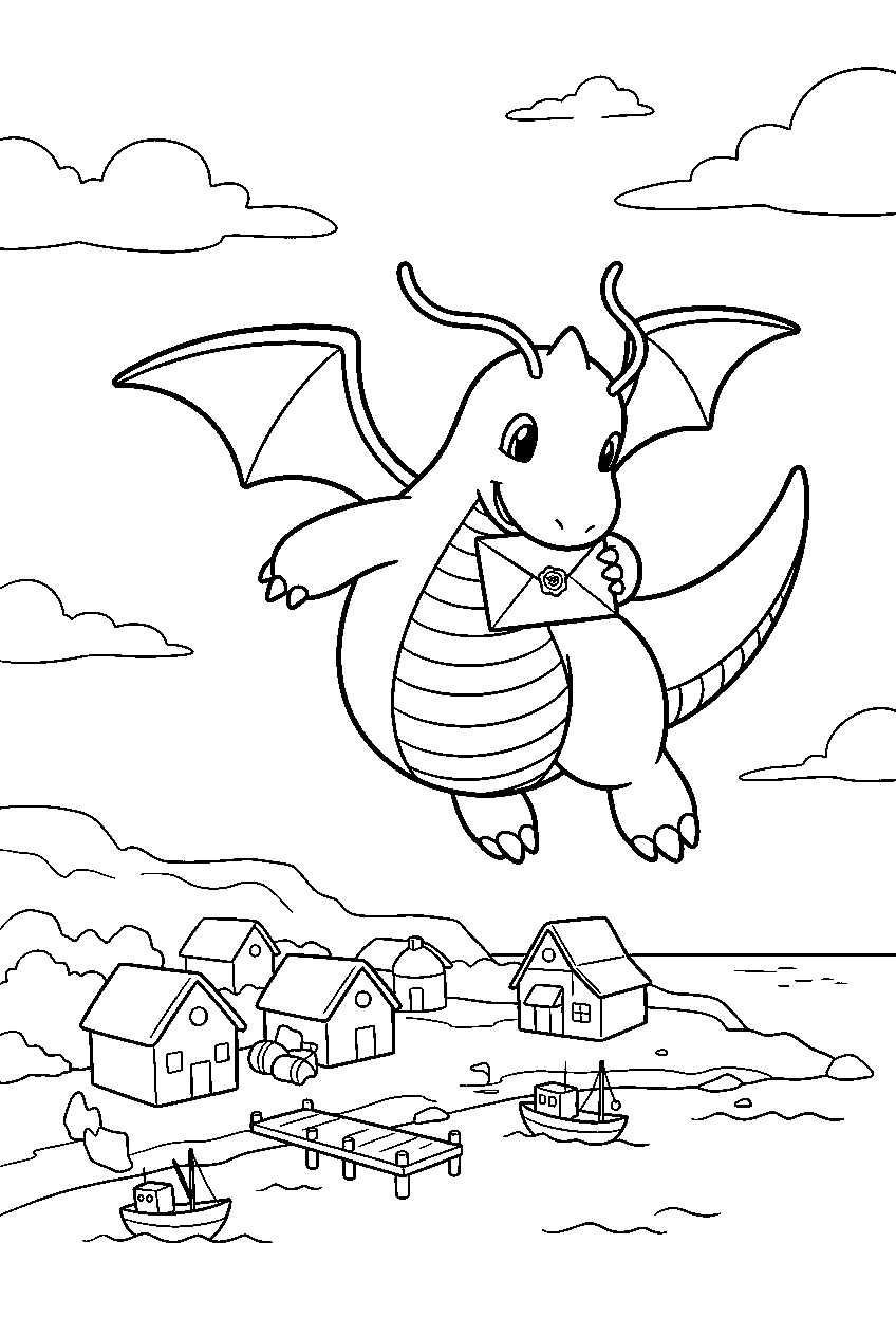 dragonite delivering a letter above a seaside village line art