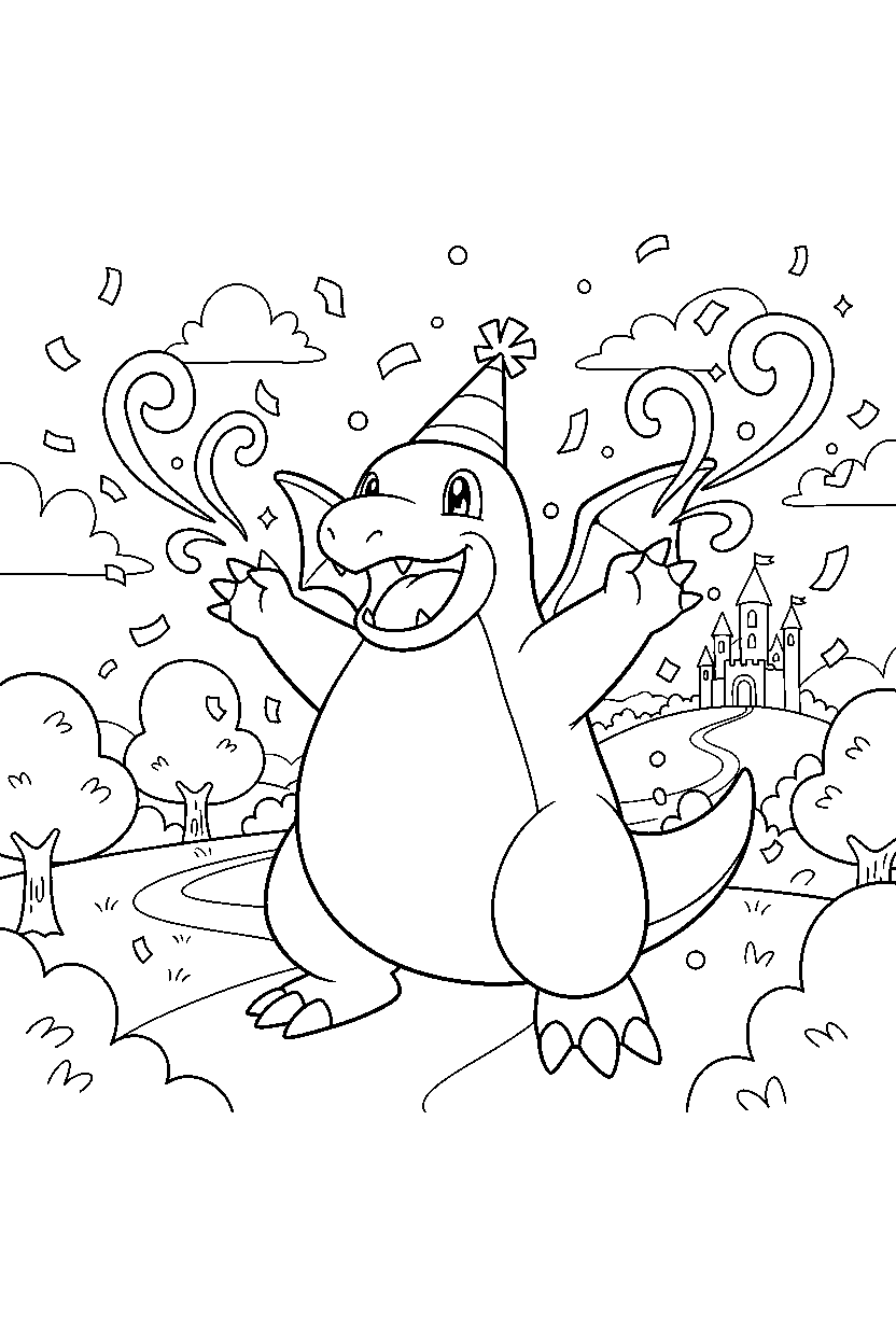 dragonite pokemon celebrating happily in a magical landscape line art