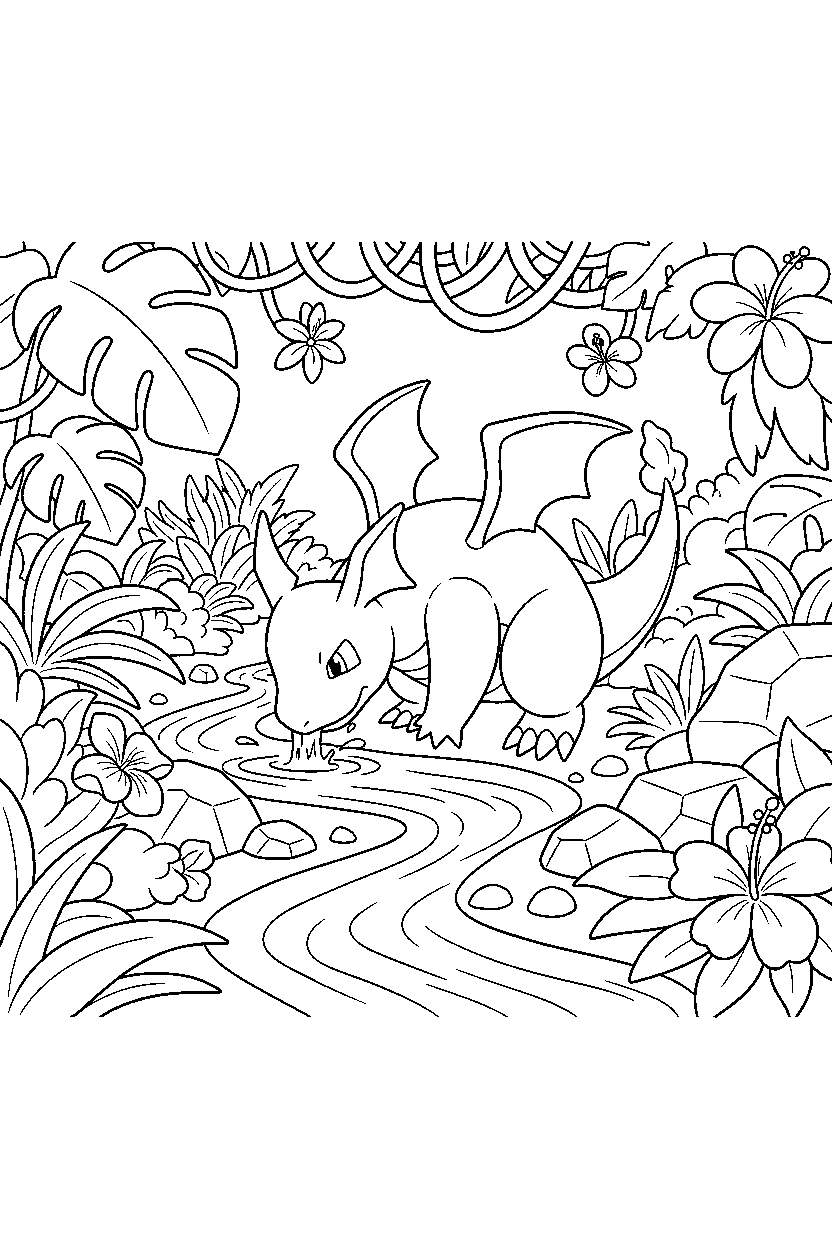 dragonite pokemon drinking water in a jungle line art