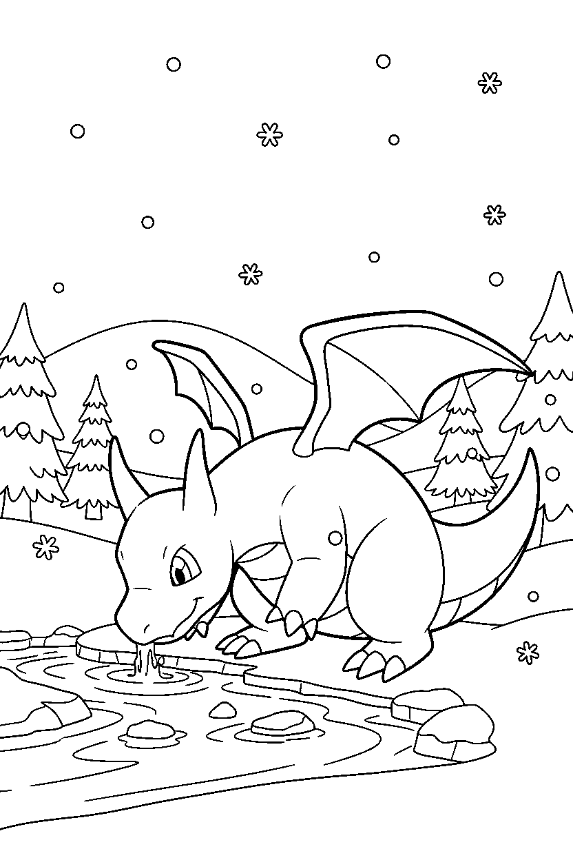 dragonite pokemon drinking water in a winter landscape line art