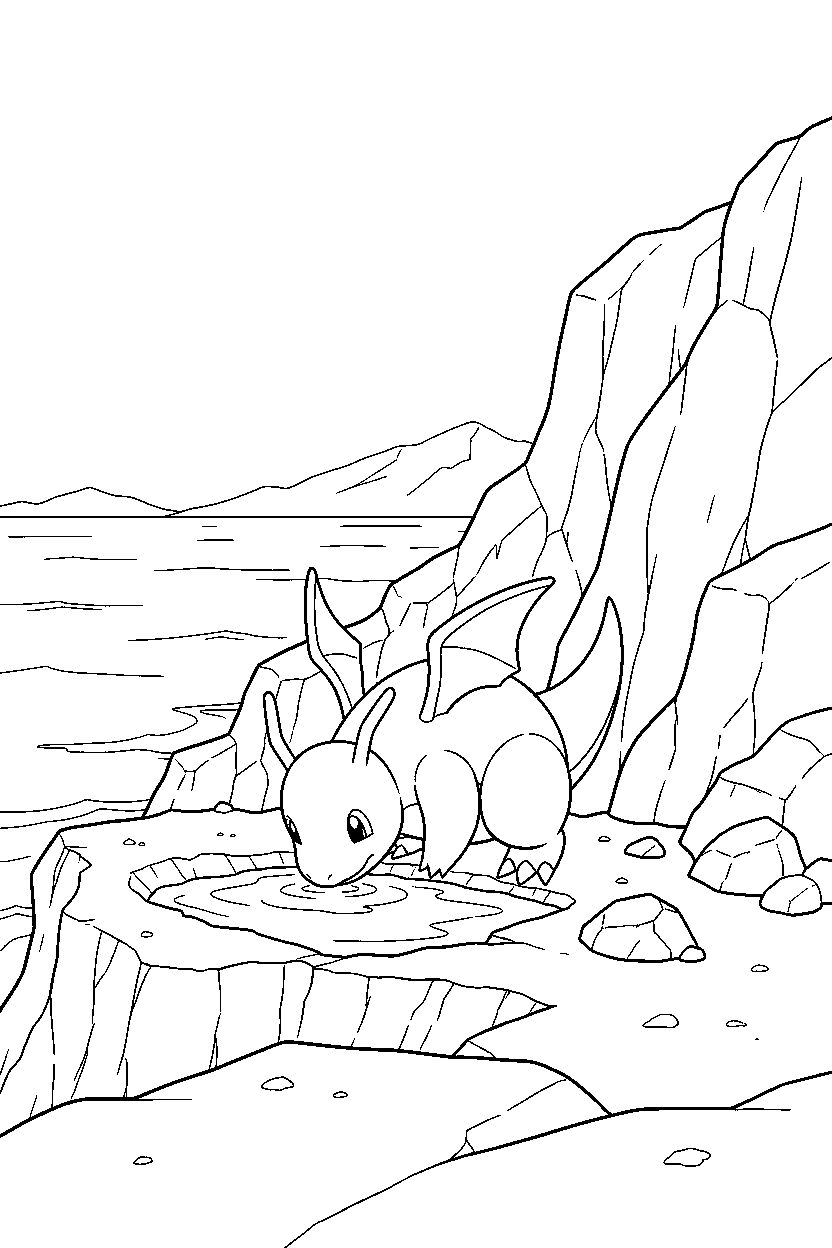 dragonite pokemon drinking water near a seaside cliff line art
