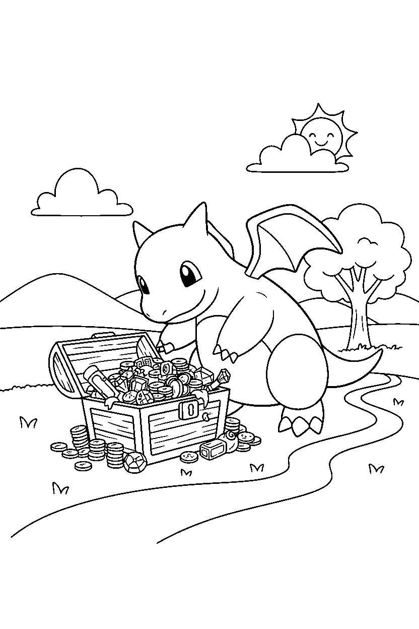 dragonite pokemon finding a treasure in a sunny countryside line art
