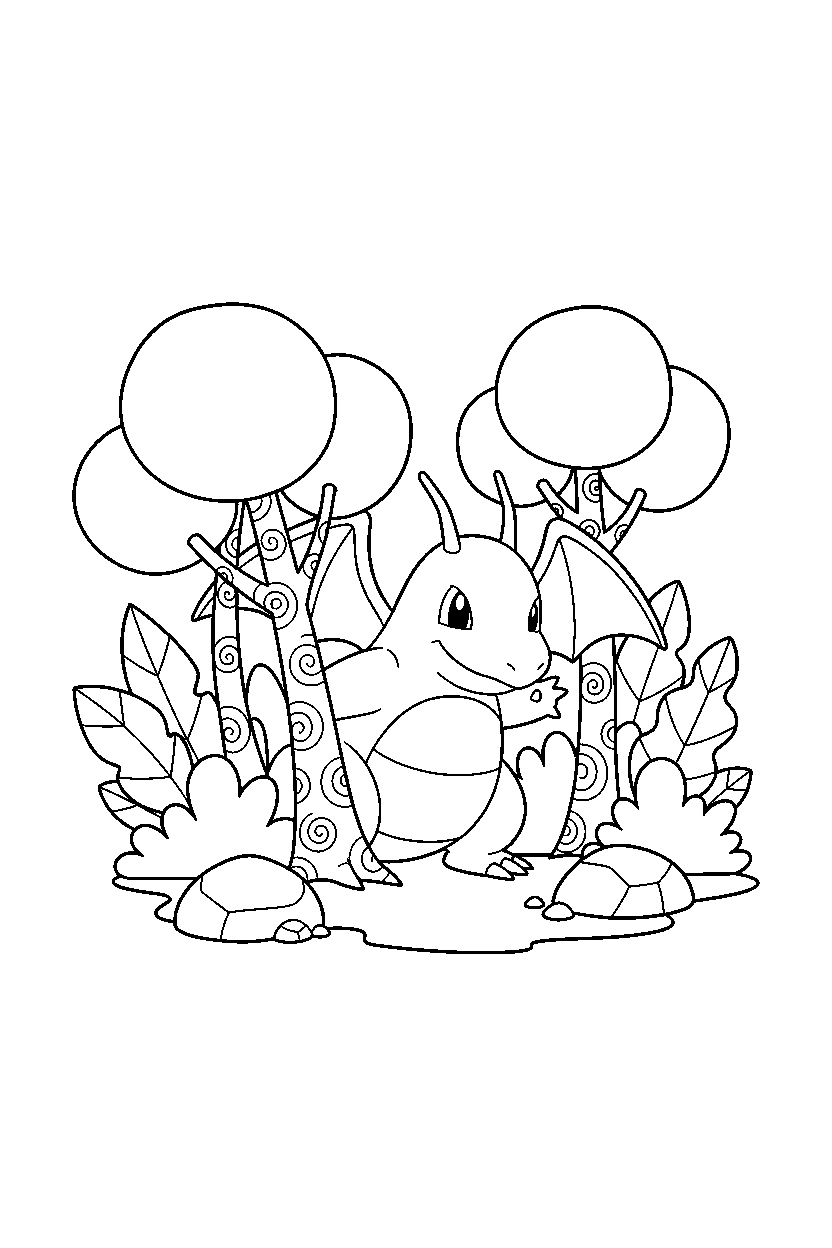 dragonite pokemon hiding playfully in a hidden forest line art