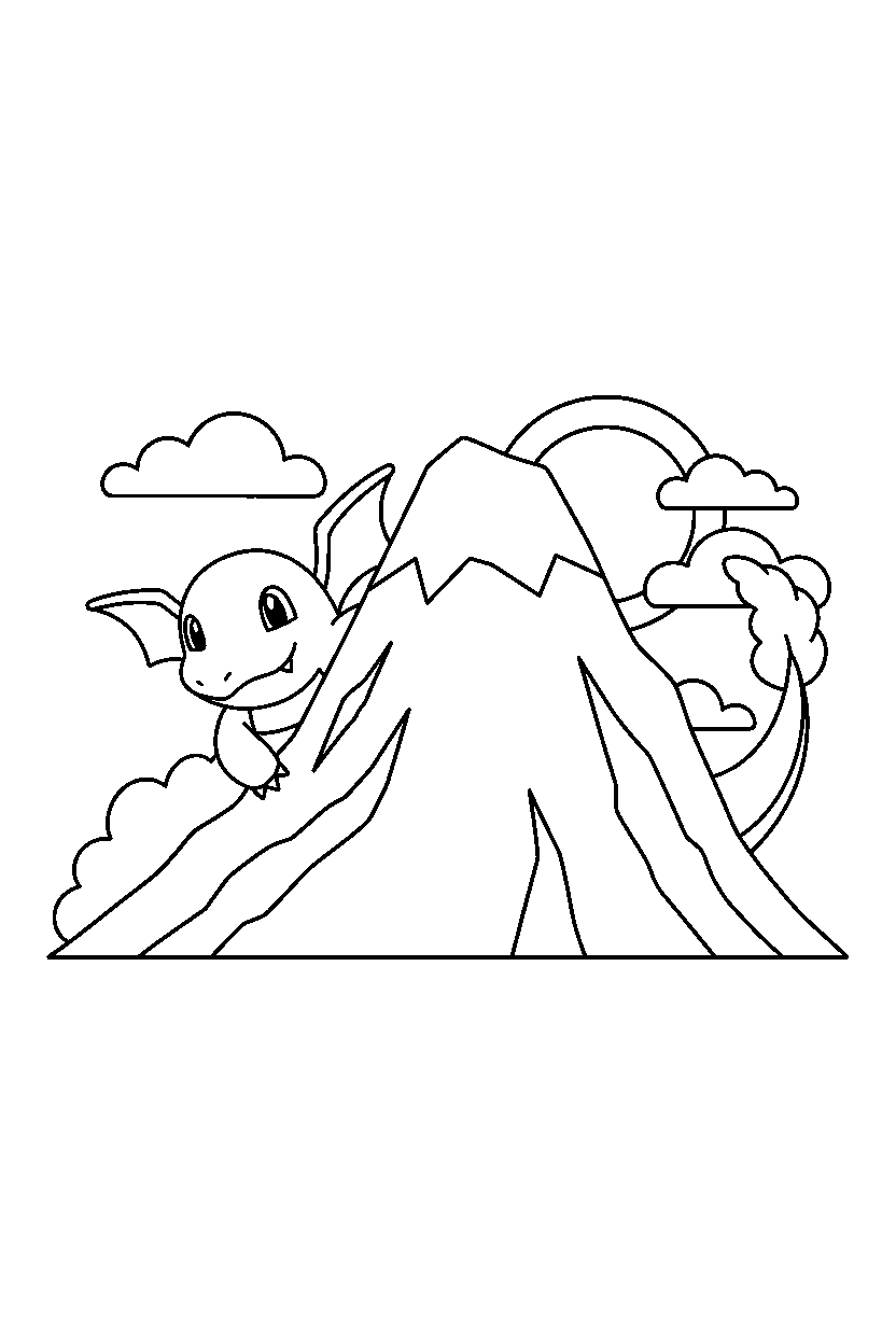 dragonite pokemon hiding playfully near a mountain line art