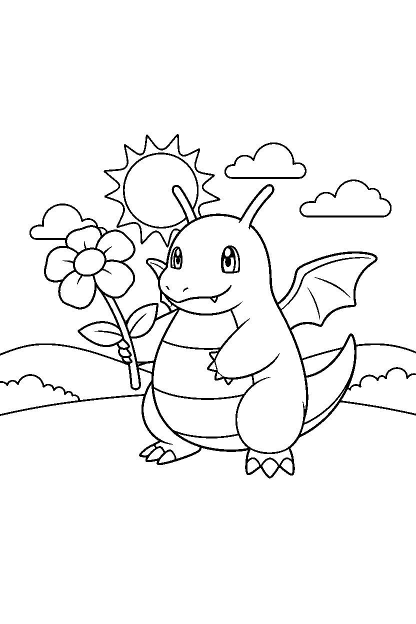 dragonite pokemon holding a flower in a sunny countryside line art