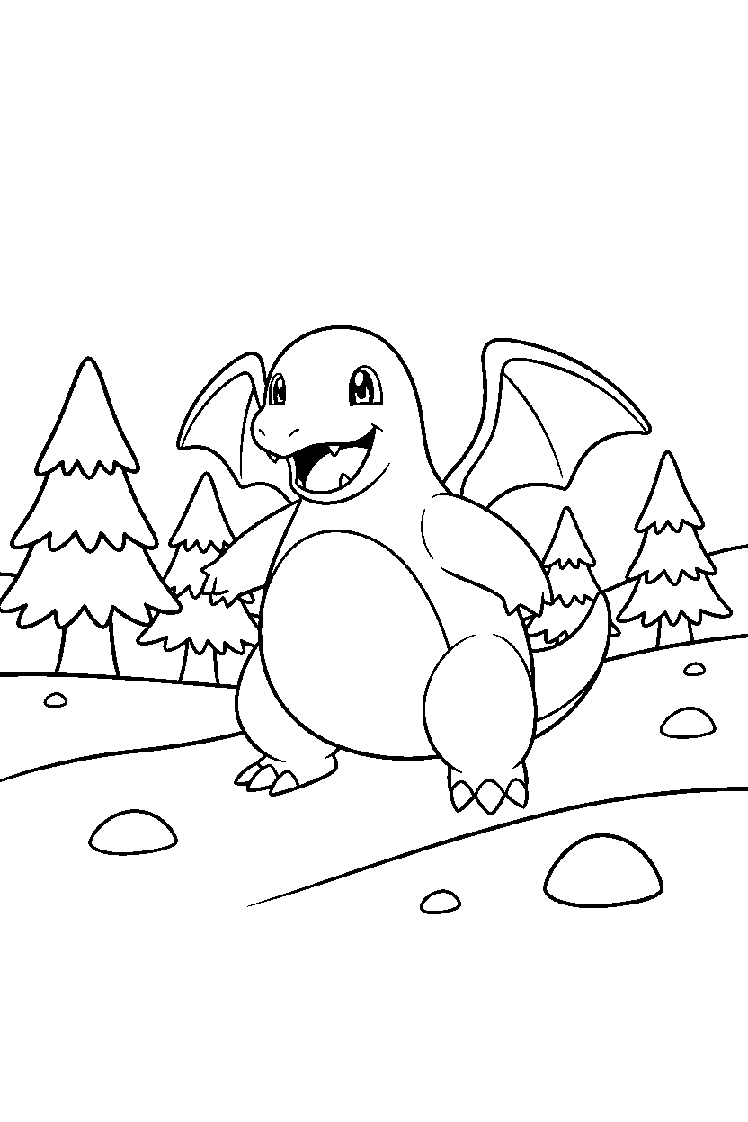 dragonite pokemon looking happy in a snowy field line art