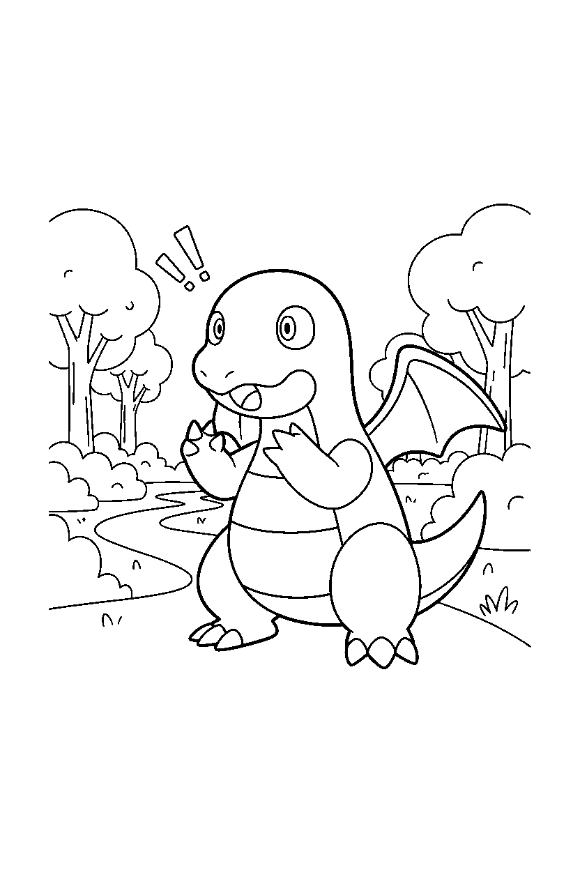 dragonite pokemon looking surprised near a forest path line art
