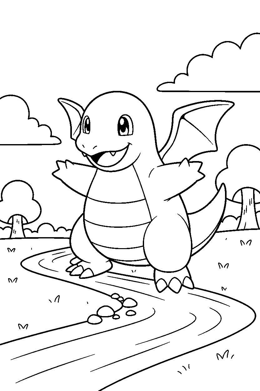 dragonite pokemon playing happily near a river line art