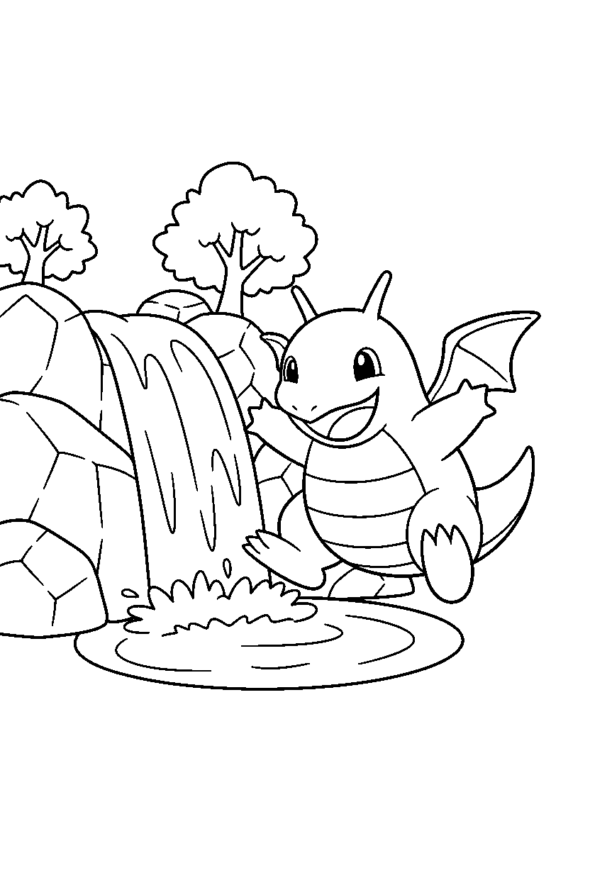 dragonite pokemon playing happily near a waterfall line art