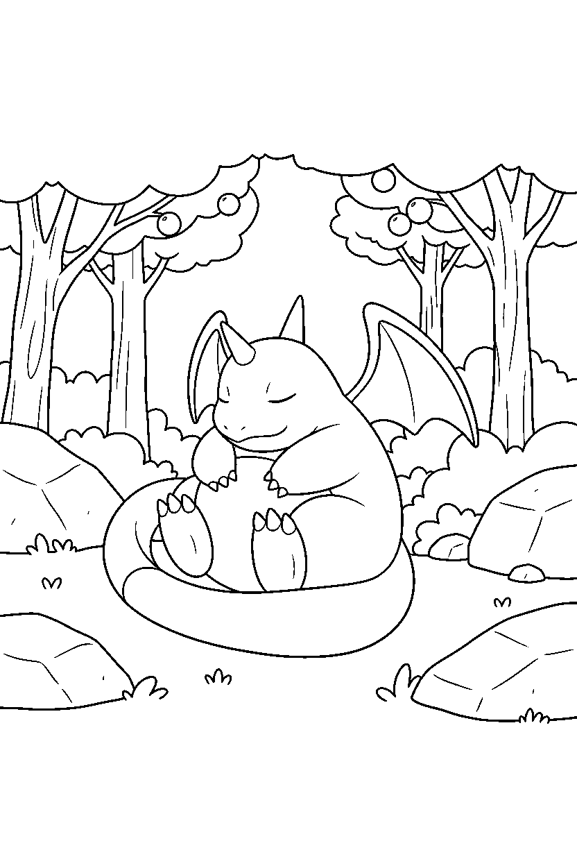 dragonite pokemon resting peacefully in a hidden forest line art