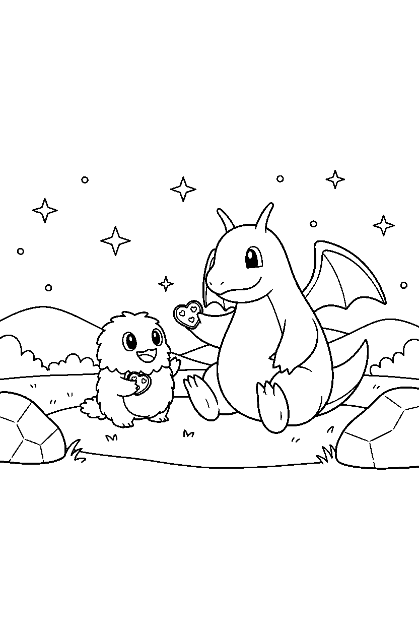 dragonite pokemon sharing a snack on a starry night field line art