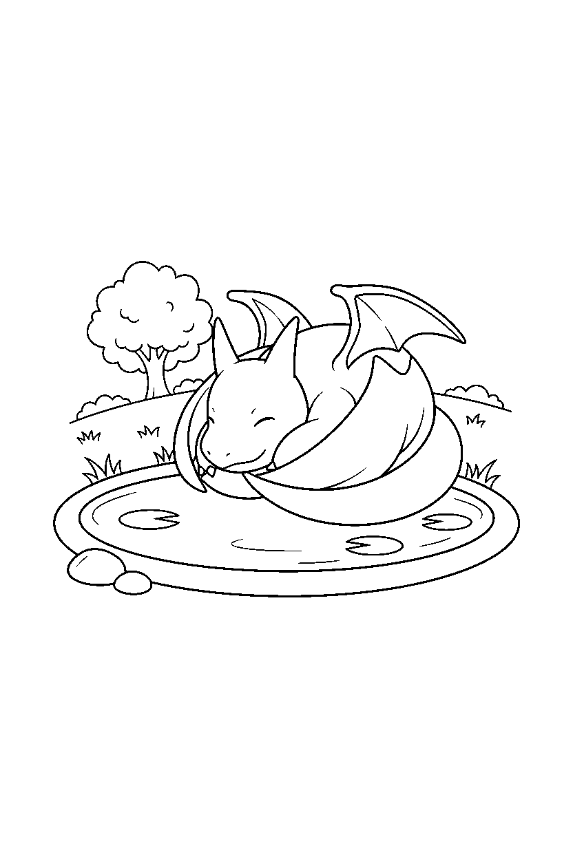 dragonite pokemon sleeping peacefully near a peaceful pond line art
