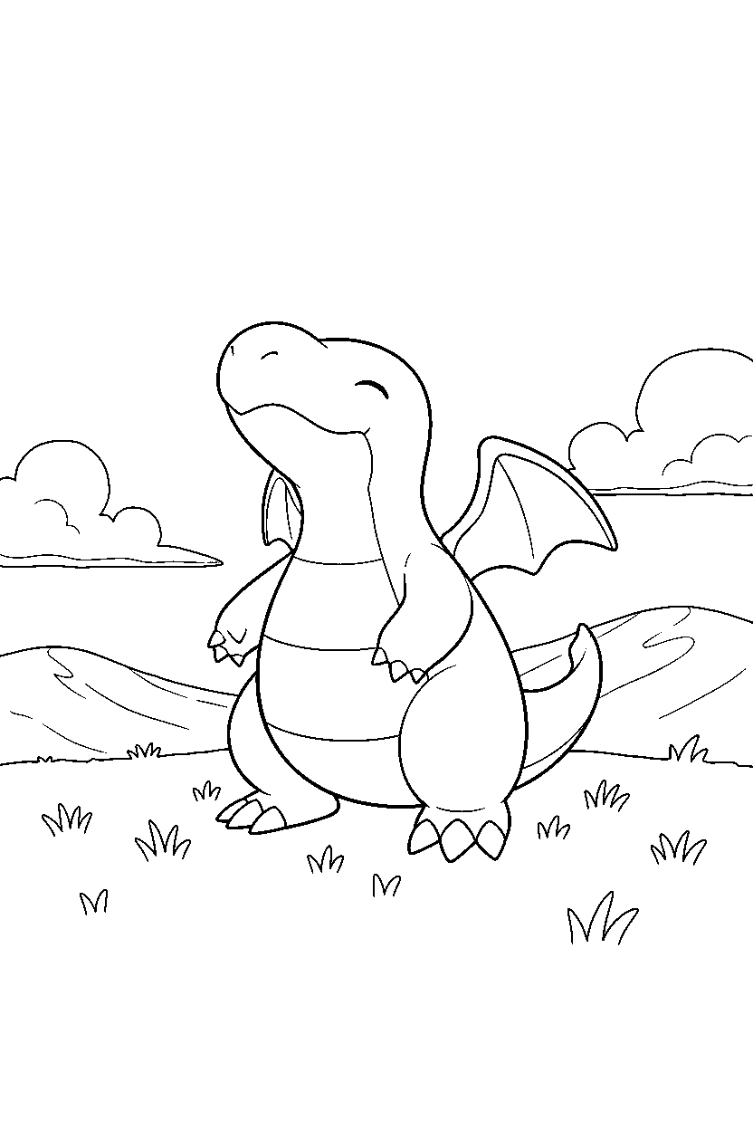 dragonite pokemon sniffing the air in a grassy field line art