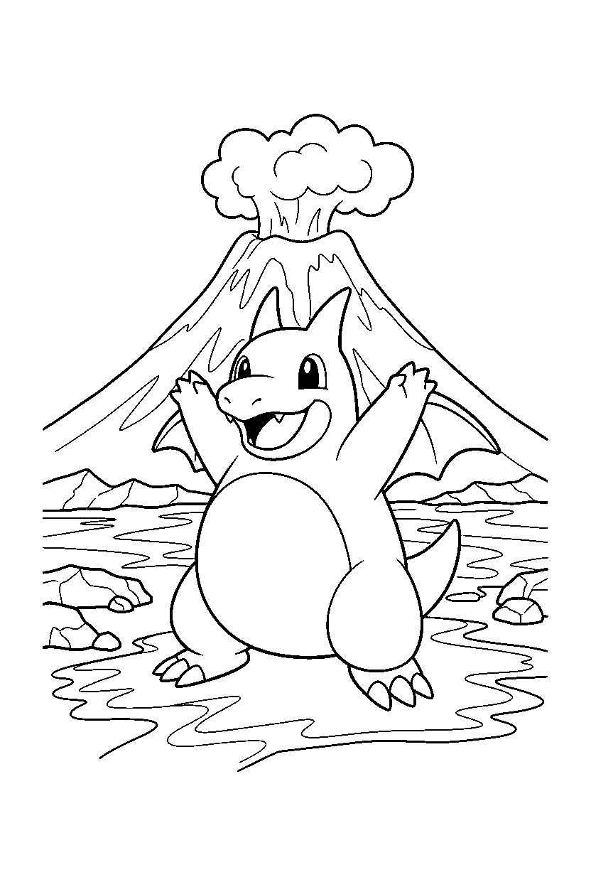 dragonite pokemon stretching happily in a volcano area line art
