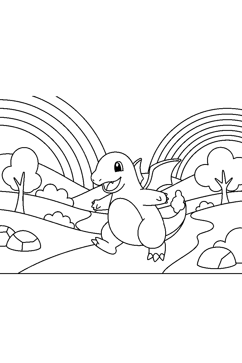 dragonite pokemon walking happily in a rainbow valley line art