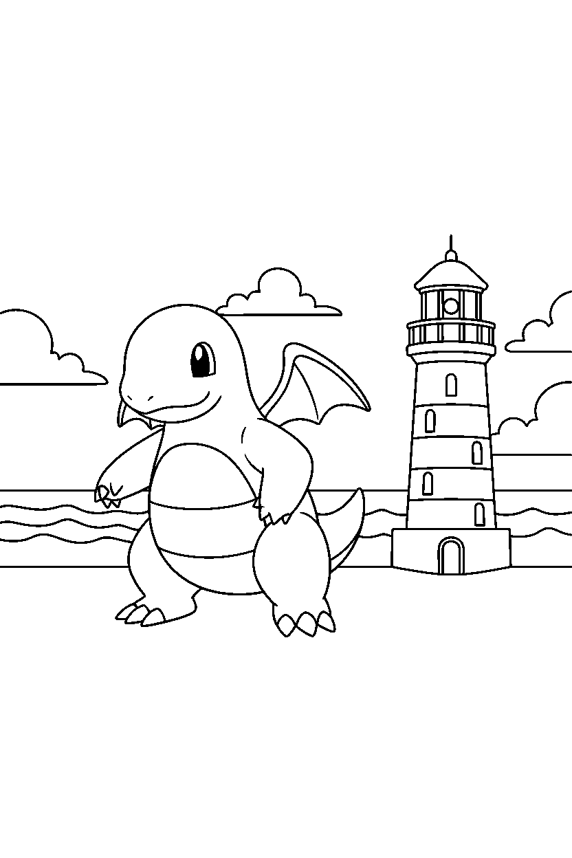 dragonite pokemon walking proudly near a lighthouse line art