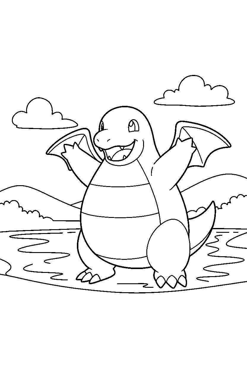 dragonite pokemon waving happily near a peaceful lake line art
