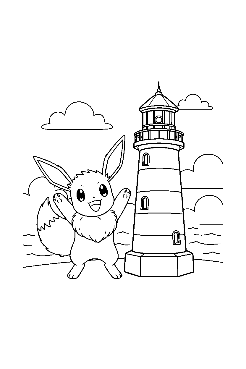 eevee pokemon cheering happily near a lighthouse line art