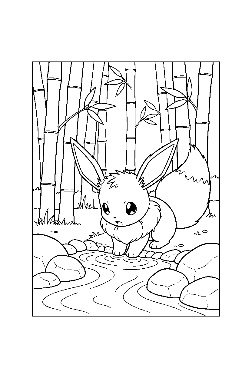 eevee pokemon drinking water in a bamboo forest line art