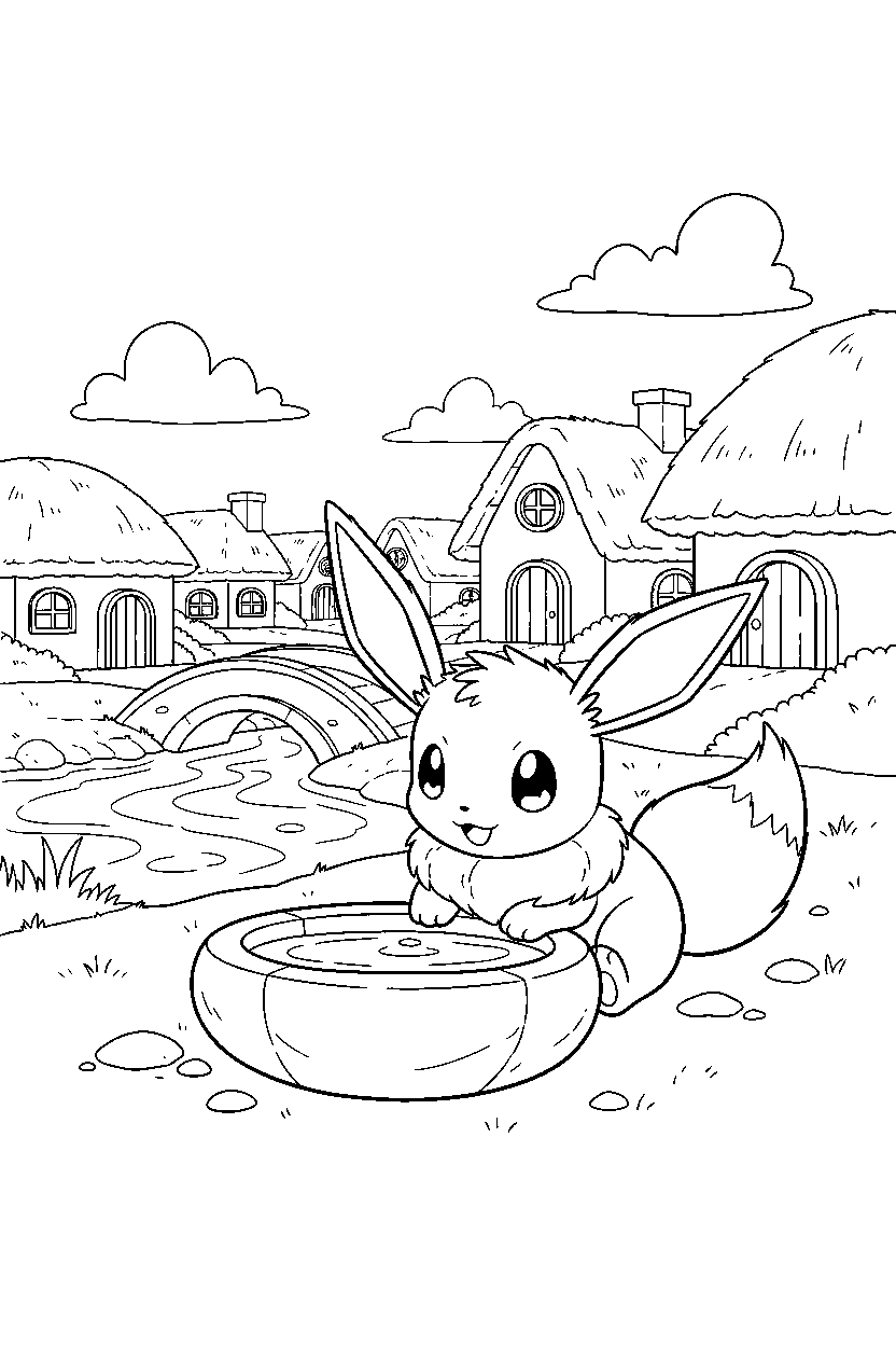 eevee pokemon drinking water in a peaceful village line art