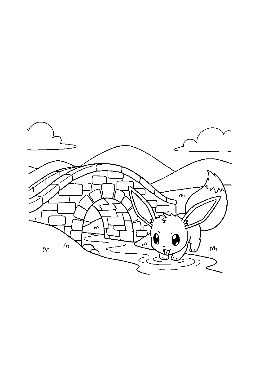 eevee pokemon drinking water near a bridge line art