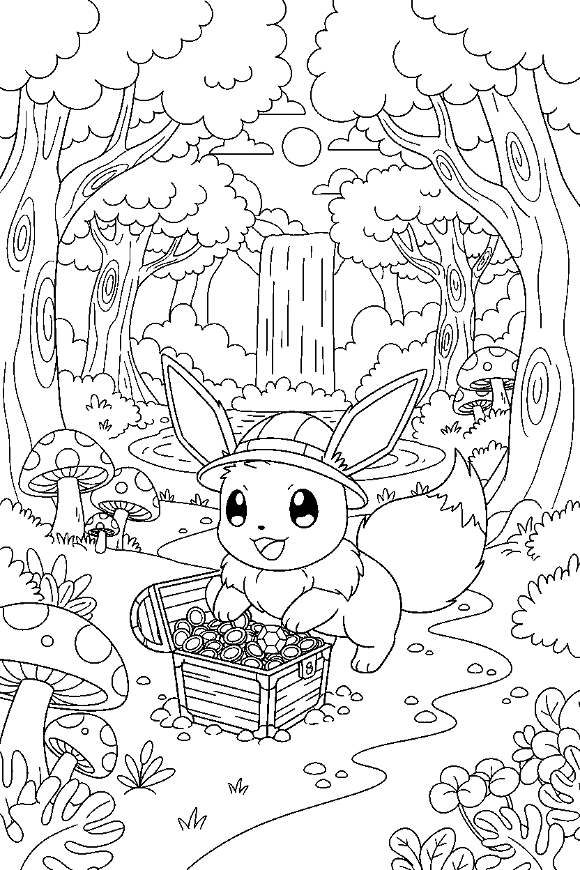 eevee pokemon finding a treasure in a hidden forest line art
