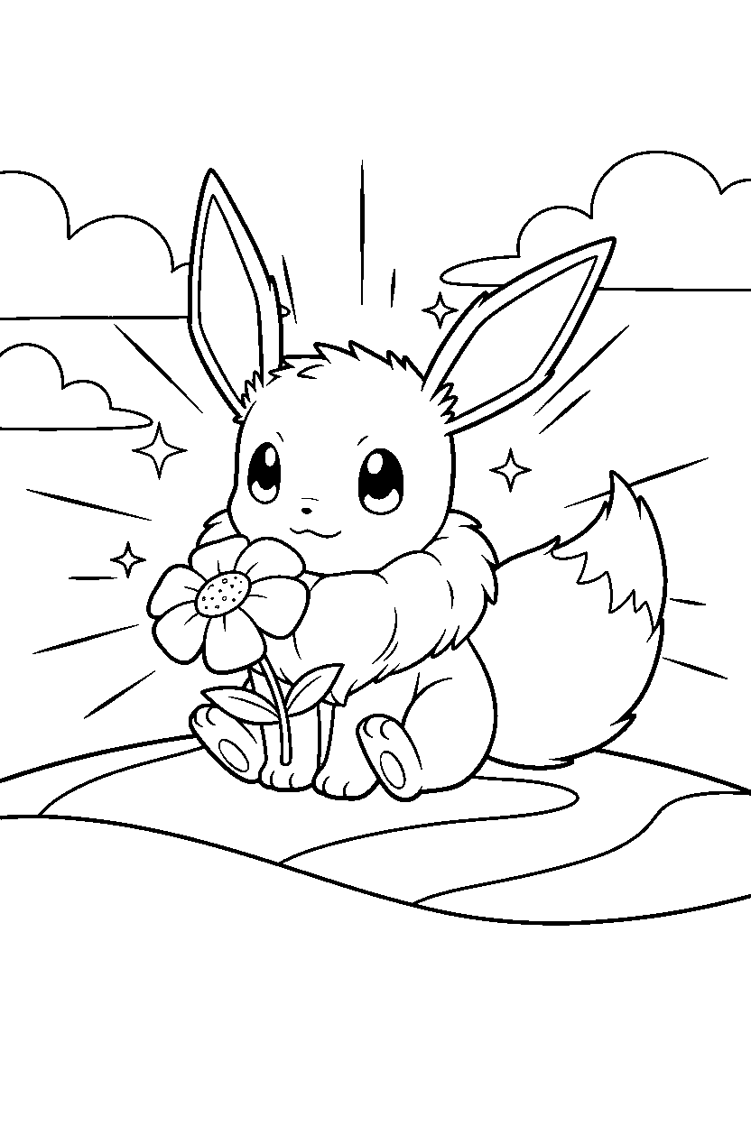 eevee pokemon holding a flower on a glowing plain line art
