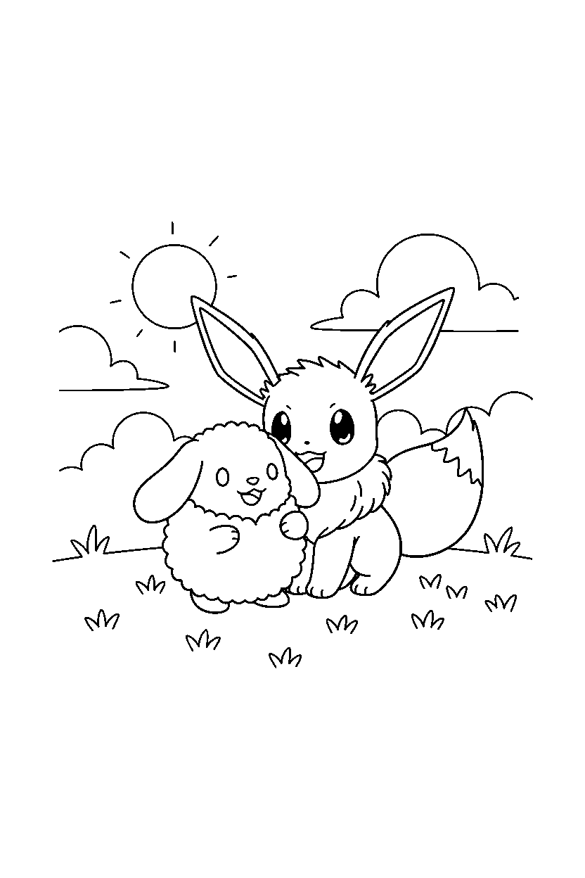 eevee pokemon hugging a friend in a grassy field line art