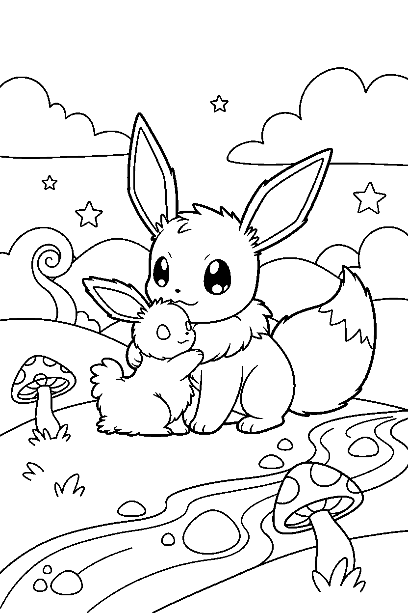 eevee pokemon hugging a friend in a magical landscape line art