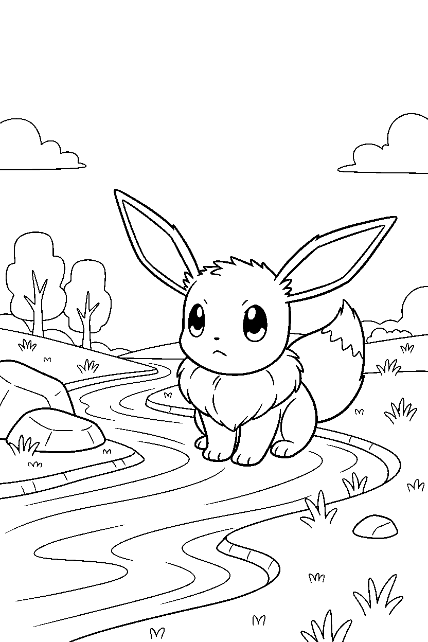 eevee pokemon listening carefully near a river line art