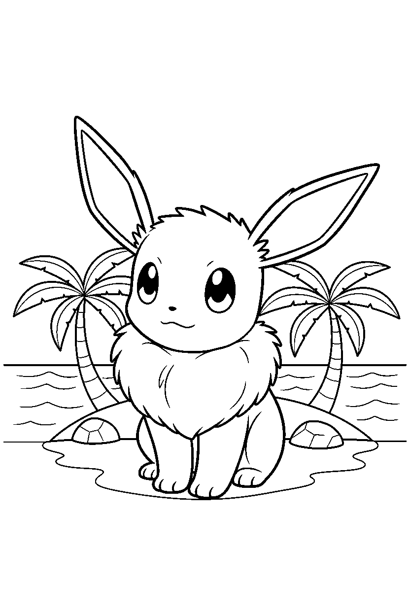 eevee pokemon listening carefully on a tropical island line art
