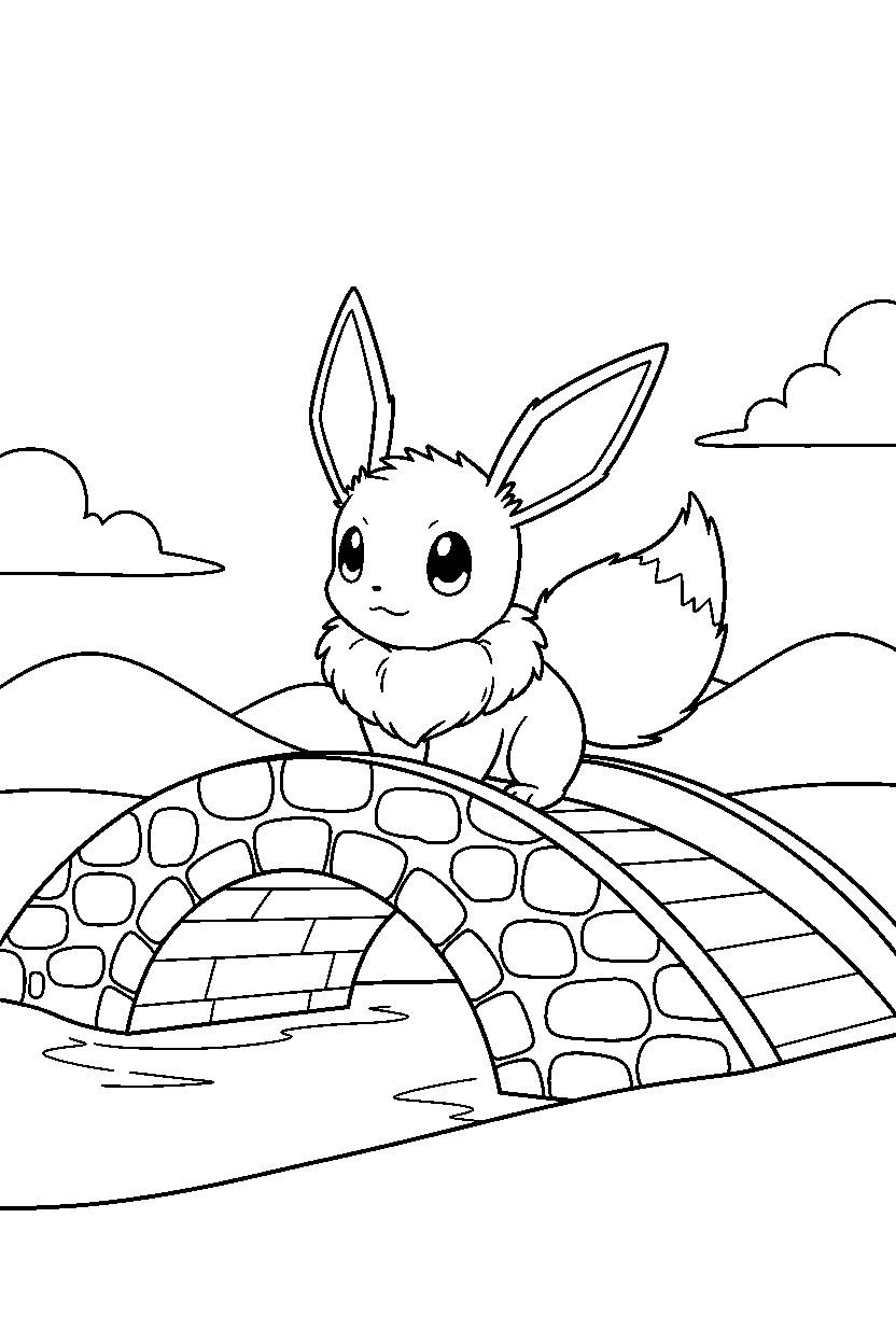 eevee pokemon looking around near a bridge line art