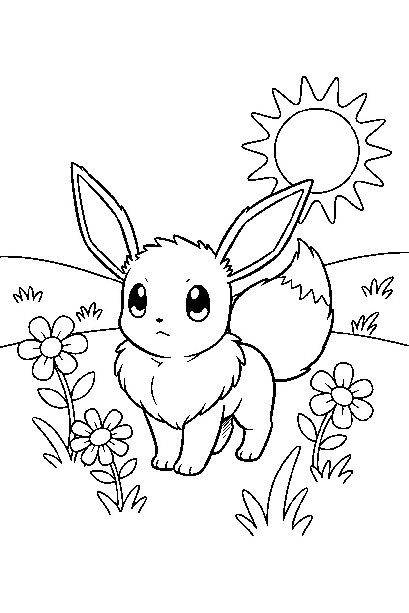 eevee pokemon looking curious in a sunny meadow line art