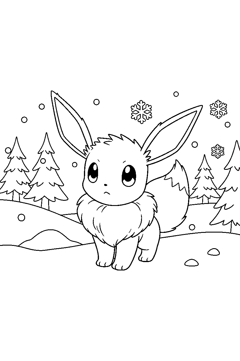 eevee pokemon looking curious in a winter landscape line art