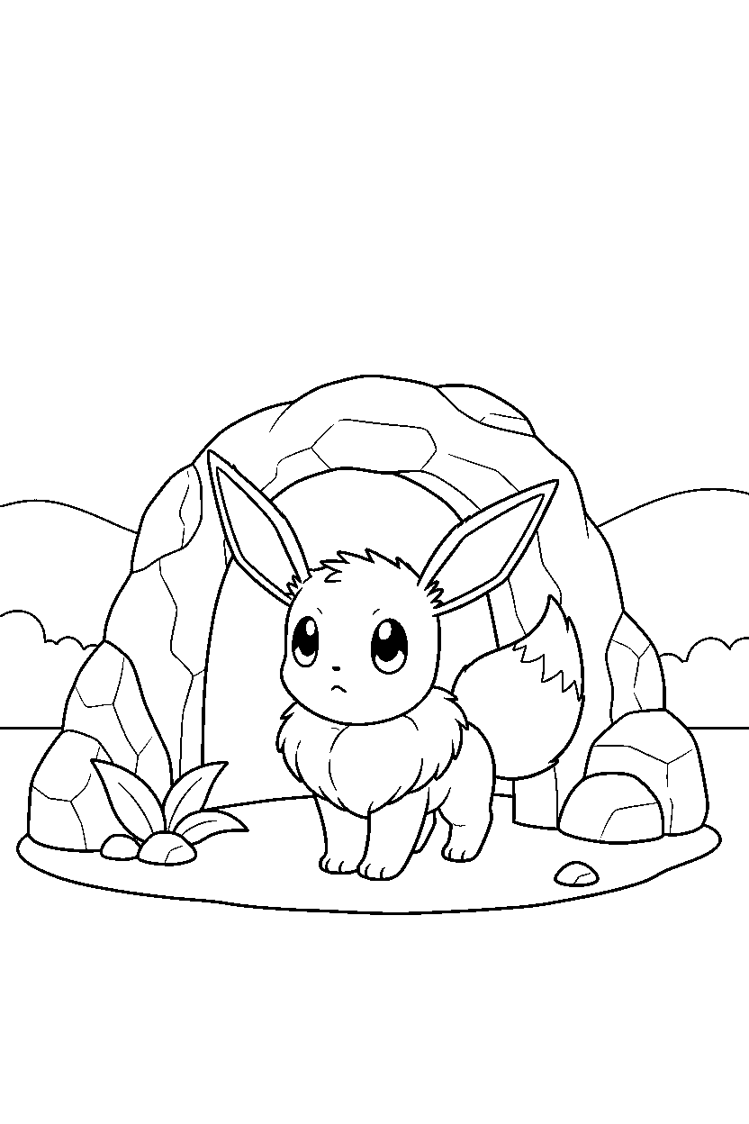 eevee pokemon looking curious near a cave entrance line art