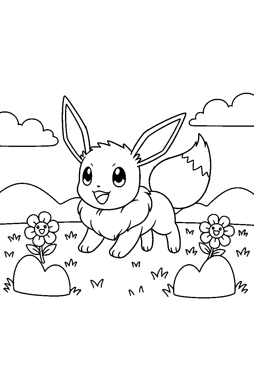 eevee pokemon looking excited in a grassy field line art