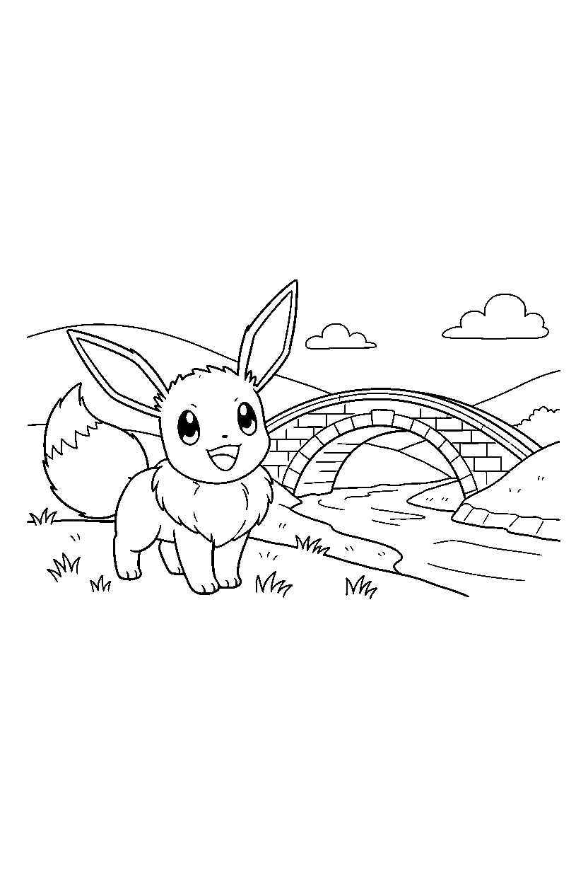 eevee pokemon looking happy near a bridge line art