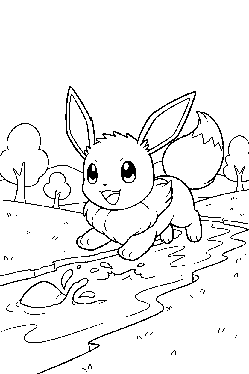 eevee pokemon running happily near a river line art