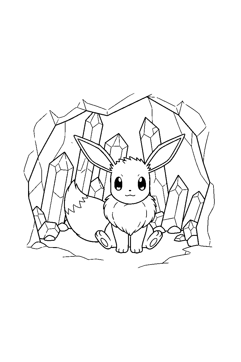 eevee pokemon sitting peacefully inside a crystal cave line art