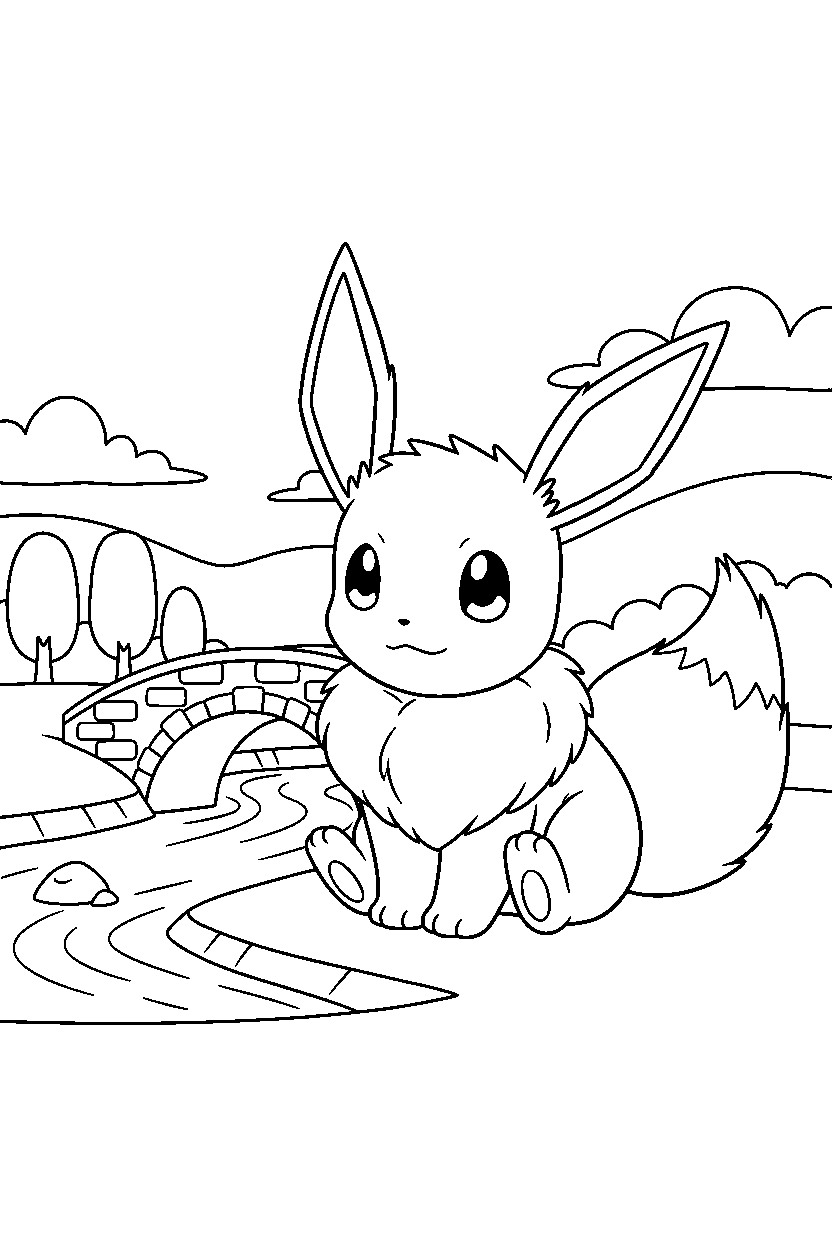 eevee pokemon sitting peacefully near a bridge line art