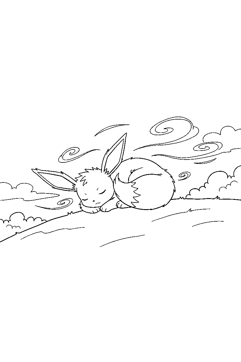 eevee pokemon sleeping peacefully in a windy hill line art