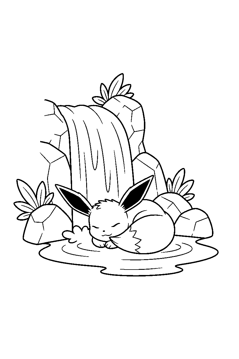 eevee pokemon sleeping peacefully near a waterfall line art