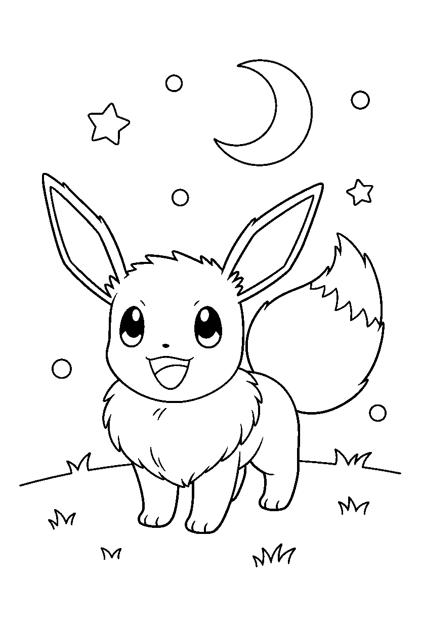 eevee pokemon smiling happily on a starry night field line art