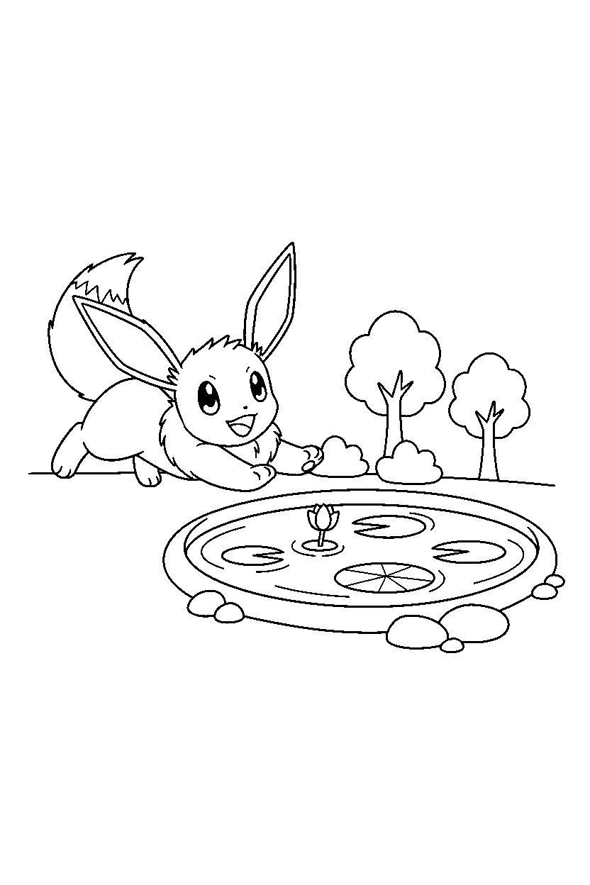 eevee pokemon stretching happily near a peaceful pond line art