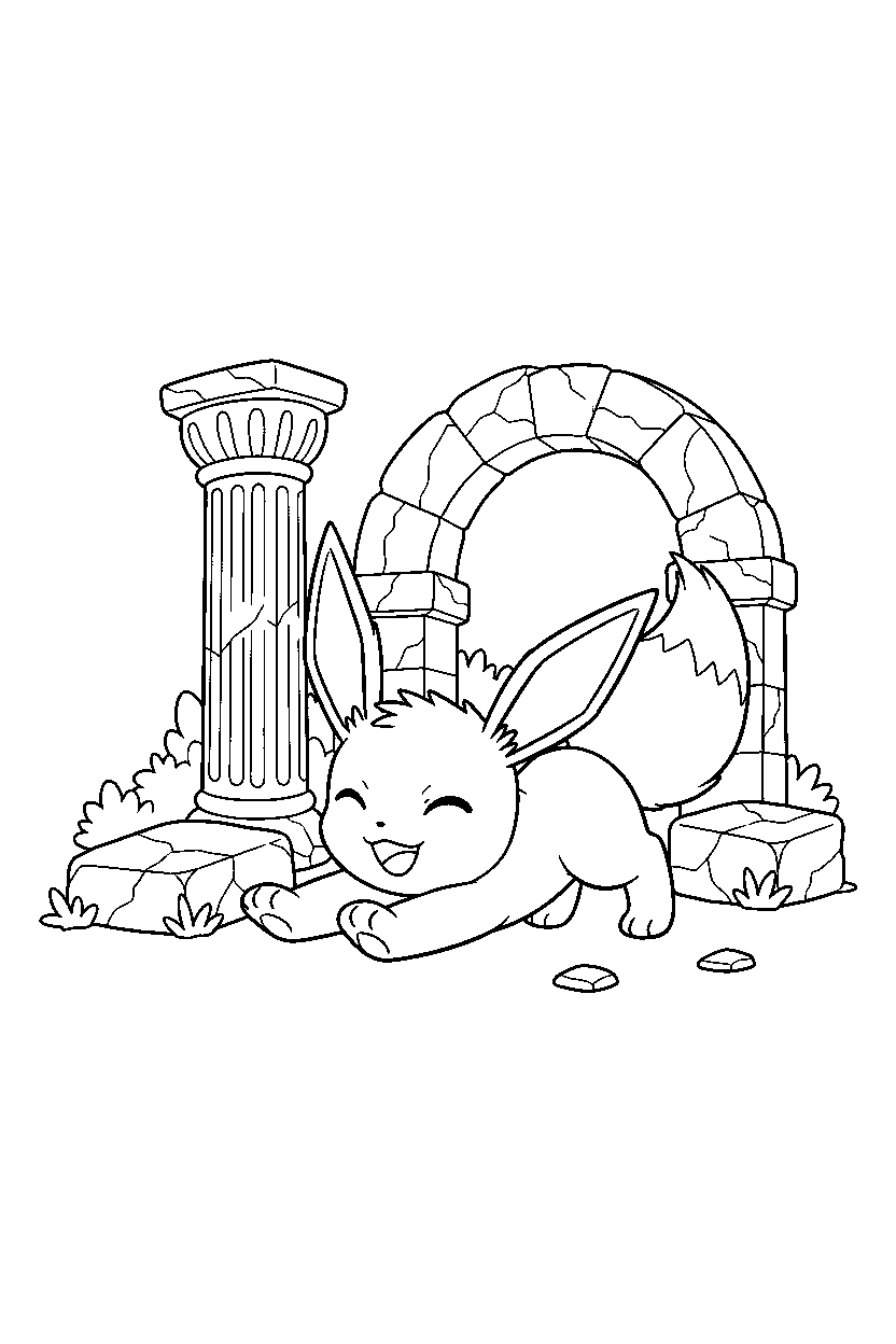 eevee pokemon stretching happily near ancient ruins line art