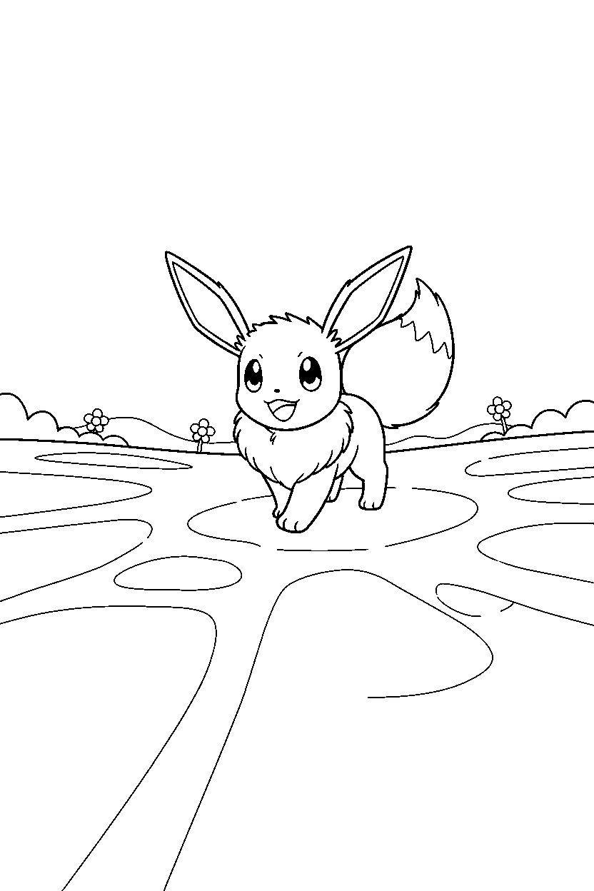eevee pokemon walking happily on a glowing plain line art