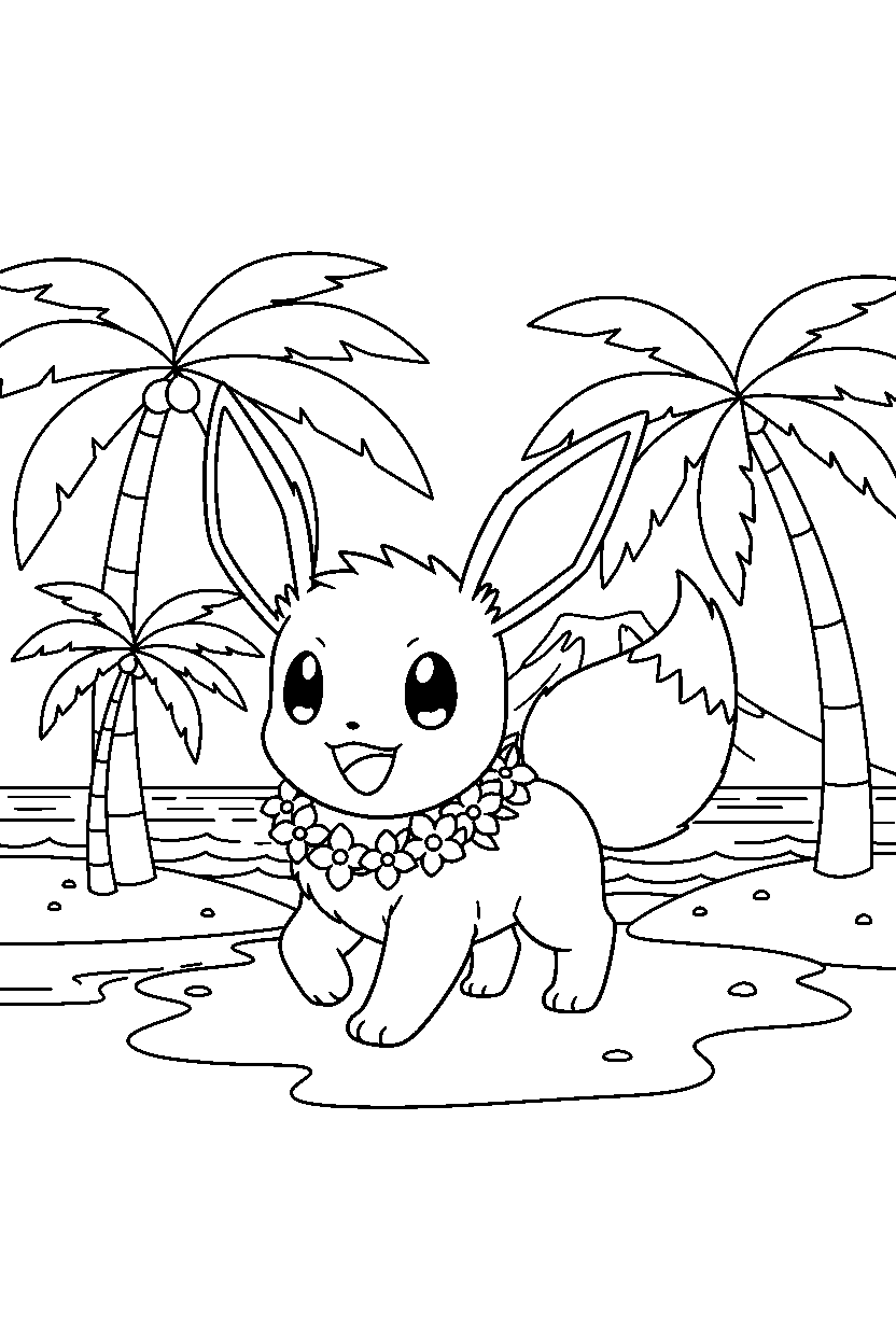 eevee pokemon walking happily on a tropical island line art