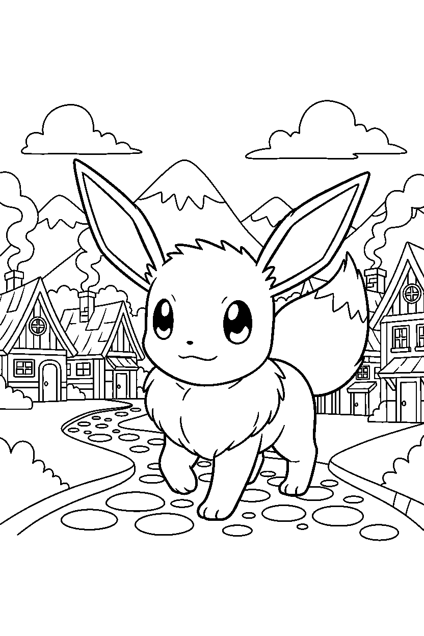 eevee pokemon walking proudly in a mountain village line art